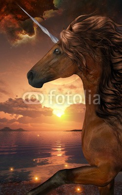 Catmando, Unicorn Stargazer (Wunschgröße, Fotokunst, braunes Einhorn, Pferd, Meer, Strand, Abendhimmel, Sternenhimmel, Sonnenuntergang, Leuchten, Zauber, Magie, Fantasie, Mythos, Märchen, Jugendzimmer, Schlafzimmer, Wohnzimmer, bunt)