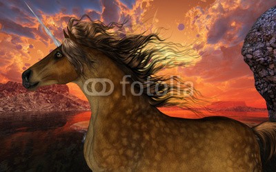 Catmando, Unicorn Sunset (Wunschgröße, Fotokunst, braunes Einhorn, Pferd, Meer, Strand, Himmel, Felsen, Landschaft, Sonnenuntergang, Leuchten, Zauber, Magie, Fantasie, Mythos, Märchen, Jugendzimmer, Schlafzimmer, Wohnzimmer, bunt)