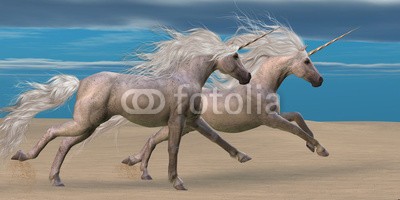 Catmando, Unicorns (Wunschgröße, Fotokunst, rennende Einhörner, weißes Einhorn, Wettrennen, Pferd, Meer, Strand, Himmel, Landschaft,  Zauber, Magie, Fantasie, Mythos, Märchen, Jugendzimmer, Schlafzimmer, Wohnzimmer, bunt)