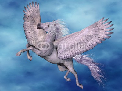 Catmando, White Pegasus (Wunschgröße, Fotokunst, weißer Pegasus, Fabelwesen, geflügeltes Pferd, Flügel, Schwingen, fliegender Pegasus, Mythologie, Sagenwelt, Zauber, Magie, Fantasie, Mythos, Märchen, Jugendzimmer, Schlafzimmer, Wohnzimmer, blau / weiß)