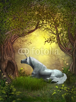 Catmando, Woodland Unicorn (Wunschgröße, Fotokunst, weißes Einhorn, Pferd, Wald, Bäume, Leuchten, Ruhe, Entspanung, alte Bäume, Wiese, Zauber, Magie, Fantasie, Mythos, Märchen, Jugendzimmer, Schlafzimmer, bunt)