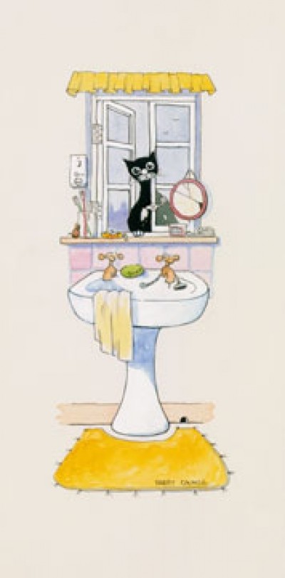 Harry Caunce, Basil in the Bathroom I (Kinderwelten, Badezimmer, Katze, Fenster, Waschbecken, Grafik, Comic, witzig, bunt)