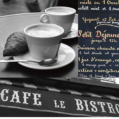 Cameron Duprais, French Café 1 (Wunschgröße, Fotokunst, Cafe, Speisekarte, Frühstück, Kaffee, Tassen, Milchschaum, Croissant, französisches Bistro, Küche, Gastronomie,schwarz / weiß, bunt)