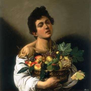 Michelangelo Caravaggio, Junger Mann mit Fruchtkorb (Junge, Jüngling, Obstkorb, Trauben, Bacchus, Früchte, Klassiker, Barock, Esszimmer, Wohnzimmer, Malerei, Wunschgröße, bunt)