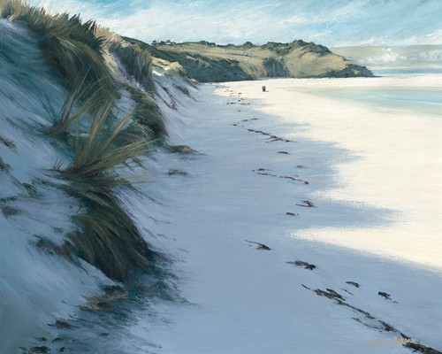 Caroline Atkinson, Bay I (Meer, Meeresbrise, Strand, Dünen, Dünengras, Fußspuren, Wunschgröße, Treppenhaus, Wohnzimmer, Malerei, bunt)