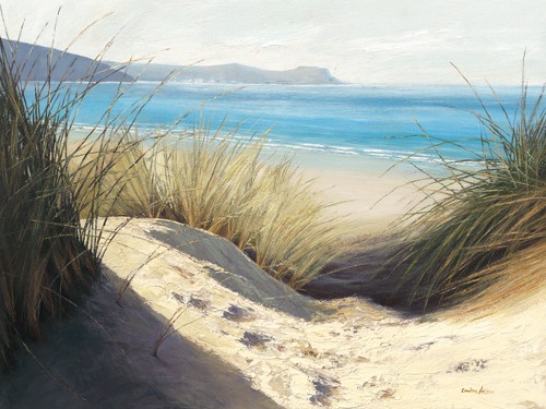 Caroline Atkinson, Dune Shadows (Meer, Meeresbrise, Strand, Dünen, Dünengras, Wunschgröße, Treppenhaus, Wohnzimmer, Malerei, bunt)