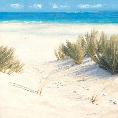 Caroline Atkinson, Footprints in the Sand (Meer, Meeresbrise, Strand, Dünen, Dünengras, Horizont, Fußspuren, Wunschgröße, Treppenhaus, Wohnzimmer, Malerei, bunt)