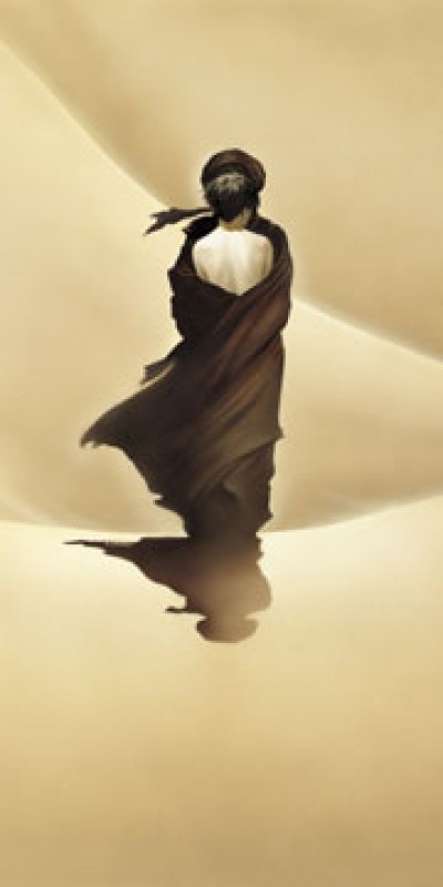 Renato Casaro, Schirokko (Umarmung, Erotik, Araber, Wüste, Sandsturm, Schutz, Wohnzimmer, Schlafzimmer, Modern, Malerei, People & Eros, Persönlichkeiten, Frau, Mann,  sepia)