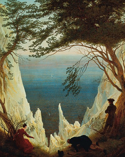 Caspar David Friedrich, Die Kreidefelsen von Rügen (Kreidefelsen, Rügen, Insel, Ostsee, Landschaft, Natur, Felsen, Steine, Ausblick, Spaziergänger, Klassiker, Wohnzimmer, Treppenhaus, Arztpraxis, Wunschgröße, Malerei, Romantik, bunt)