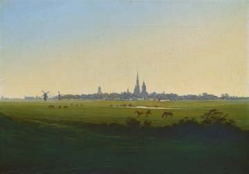 Caspar David Friedrich, Wiesen bei Greifswald (Wunschgröße, Malerei, Romantik, Landschaft, Wiesen, Natur, Panorama, Ebene,Dorf, Kirche, Klassiker, Wohnzimmer, Schlafzimmer, bunt)
