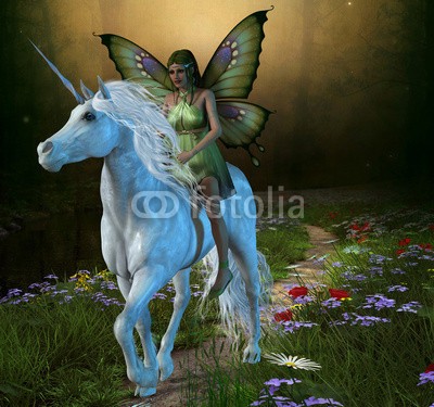 Catmando, Forest Fairy and Unicorn (Wunschgröße, Fotokunst,weißes Einhorn, Elfe, reitende Waldelfe, Blumen, Schmetterlingsflügel, Fabelwesen, Pferd, Wiese, Weg, Landschaft, Leuchten, Zauber, Magie, Fantasie, Mythos, Märchen, Jugendzimmer, Schlafzimmer, Wohnzimmer, bunt)