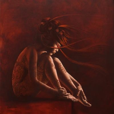 Cédric Cazal, Henna I (Erotik, nackte Frau, Akt, Körperbemalung, Henna, Schlafzimmer, Wohnzimmer, Figur und Akt, People&Eros, Malerei, rot)