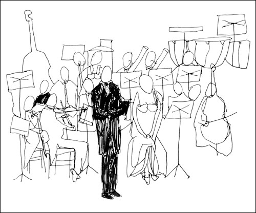 Cédric Chauvelot, Concertino, 2009 (Büttenpapier) (Orchester, Musiker, Instrumente, Sängerin, Skizze, Zeichnung, Musikschule, Treppenhaus, Wohnzimmer, schwarz/weiß)