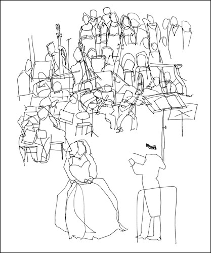 Cédric Chauvelot, Orchestre, 2009 (Büttenpapier) (Orchester, Musiker, Instrumente, Sängerin, Skizze, Zeichnung, Musikschule, Treppenhaus, Wohnzimmer, schwarz/weiß)