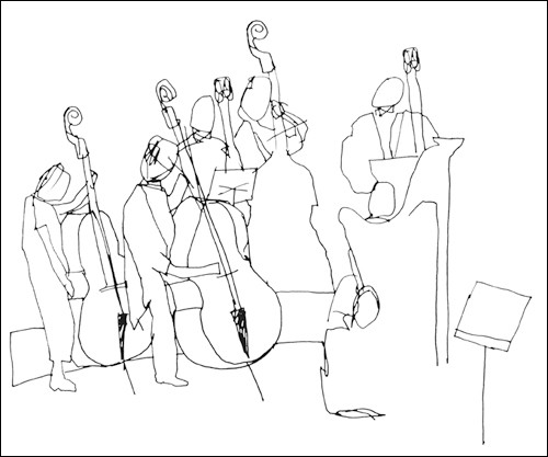 Cédric Chauvelot, Sans titre, 2009 (Büttenpapier) (Orchester, Musiker, Instrumente, Skizze, Zeichnung, Musikschule, Treppenhaus, Wohnzimmer, schwarz/weiß)