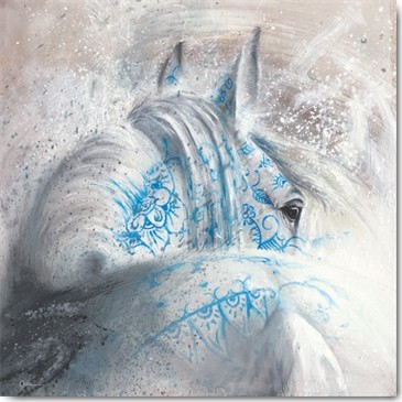 Cédric Cazal, Brume d´argent I (Pferd, Schimmel, modern, florale Muster, Treppenhaus, Schlafzimmer, Jugendzimmer, grau / weiß, Wunschgröße)