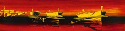 Irene Celic, Tre barche nel rosso II (Meeresbrise, Boote, Sonnenuntergang, modern, zeitgenössisch, Fotokunst, Wohnzimmer, Treppenhaus, rot/gelb)