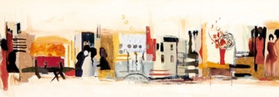 Celina Bonciani, Begegnungen III (Menschen, Gebäude, abstrahiert, figurativ, abstrakte Muster, Formen, modern, zeitgenössisch, Wunschgröße, Wohnzimmer, Treppenhaus, bunt)