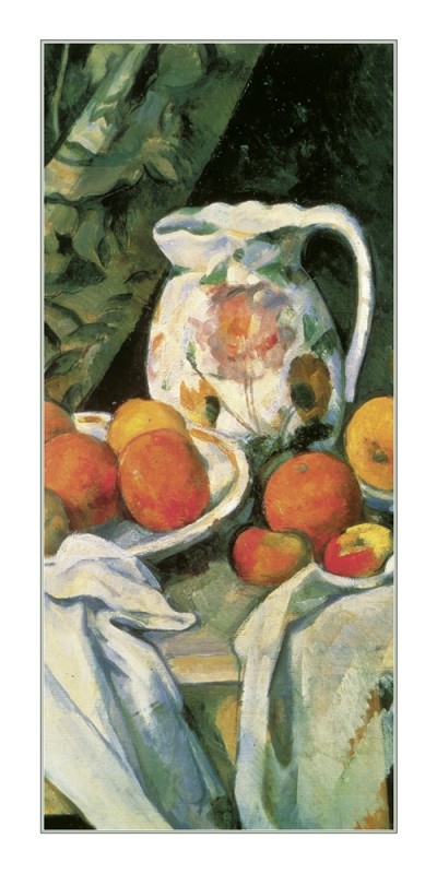 Paul Cézanne, Stilleben mit Früchten (Detail) (Impressionismus, Stillleben, Obst, Früchte, Äpfel, Teller, Tücher, Kanne, Tisch, Küche, Esszimmer, Gastronomie, bunt)