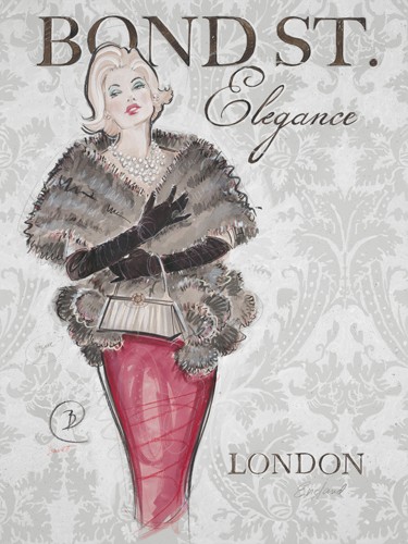 Chad Barrett, Bond Street Elegance (Wunschgröße,  Plakatkunst, Grafik, Nostalgie, Mode, Model, Eleganz, Pelzstola, Blondine, Tapetenmuster, London, Boutique,  Wohnzimmer, Treppenhaus, bunt)