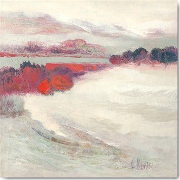 Chantal Parise, Premières neiges (Wunschgröße, Malerei, Landschaft, Winterlandschaft, Schnee, Berge, dorf, Einsamkeit, Stille, Wohnzimmer, Schlafzimmer, weiß / rot)