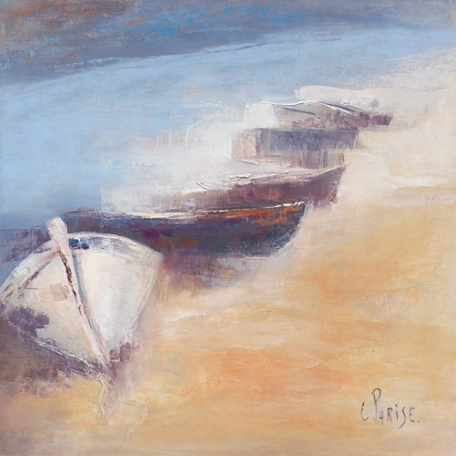 Chantal Parise, Rivage Corse II (Wunschgröße, Malerei, Landschaft, Meeresbrise, Strand, Küstenlandschaft, Dunst, Boote, Ruderboote,  Einsamkeit, Schlafzimmer, Wohnzimmer, bunt)