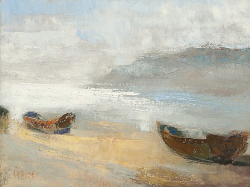 Chantal Parise, Rivage Corse (Wunschgröße, Malerei, Landschaft, Meeresbrise, Strand, Küstenlandschaft, Dunst, Boote, Ruderboote, Hügel, Einsamkeit, Schlafzimmer, Wohnzimmer, bunt)