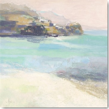 Chantal Parise, Rivage Corse (Wunschgröße, Malerei, Meeresbrise, Landschaft, Küstenlandschaft, Strand, Meer, Dunst, Boote, Ruderboote, Hügel, Einsamkeit, Schlafzimmer, Wohnzimmer, bunt)