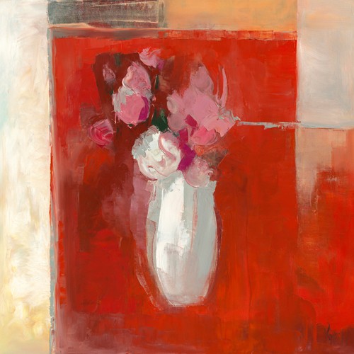 Chantal Parise, Roses rouges (Wunschgröße, Malerei, Stillleben, Blumenvase, Floral, Rosen, Blumen, Blüten, Schlafzimmer, Arztpraxis, Wohnzimmer, Wintergarten, Treppenhaus, bunt)