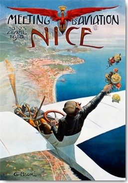 Charles Leonce Brosse, Meeting d´Aviation, Nice (Wunschgröße, Grafik, Plakatkunst, Flieger, 1910, Flug, Pioniere, Küstenstreifen, Nizza, Frankreich, Nostalgie, Jugendstil, Treppenhaus, Wohnzimmer, bunt)