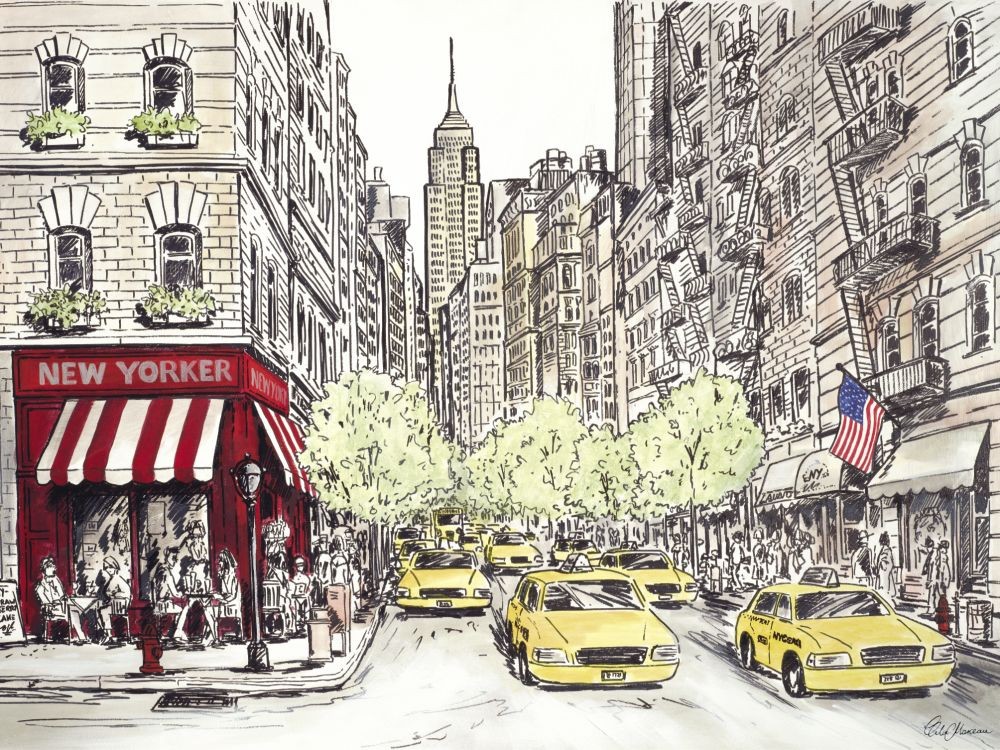 Chloe Marceau, NEW YORKER (New York, Café, Empire State Building, gelbe Taxi, Metropole, Städte, Zeichnung, Grafik, Wohnzimmer, Treppenhaus, bunt)