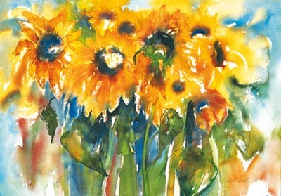 Christa Ohland, Sonnenblumen (Sonnenblumen, Blumen, Blüten,floral, Strauß, Sommer, Malerei, modern, Wohnzimmer, Treppenhaus, Esszimmer, Wunschgröße, bunt)