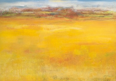 Christa Ohland, Weites Land II (Landschaft, Horizont, abstrahiert, Horizontal, diffus, Malerei, modern, Wohnzimmer, Treppenhaus, Wunschgröße, gelb/blau)