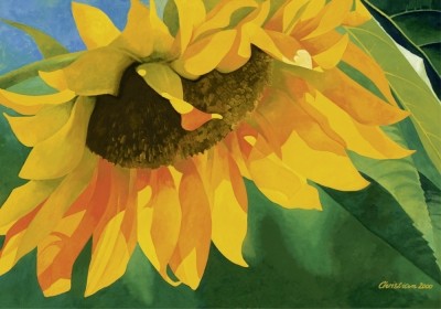 Christian, Emerald Sun (Blumen, Blüten, Sommer, Sonnenblume, leuchtend, Botanik, modern, Malerei, zeitgenössisch, Wohnzimmer, Treppenhaus, Arztpraxis)