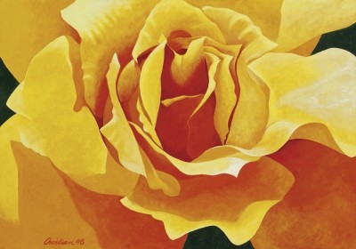 Christian, Honeymoon (Yellow Rose) (Blumen, Blüten, Sommer, Rosenblüte, leuchtend gelb, Botanik, modern, Malerei, zeitgenössisch, Wohnzimmer, Treppenhaus,)