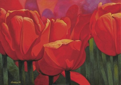 Christian, Red Time For Tulips (Blumen, Blüten, Frühling, rote Tulpen, leuchtend, Botanik, modern, Malerei, zeitgenössisch, Wohnzimmer, Treppenhaus, Arztpraxis)