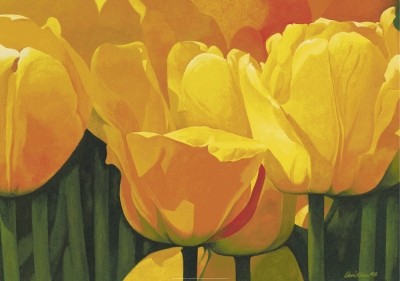 Christian, Yellow Time For Tulips (Blumen, Blüten, Sommer, gelbe Tulpen, leuchtend, Botanik, modern, Malerei, zeitgenössisch, Wohnzimmer, Treppenhaus, Arztpraxis)