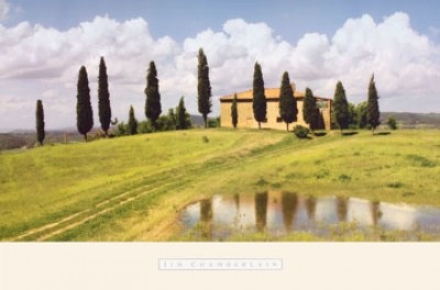 Jim Chamberlain, Tuscan Hillside #5 (Landschaft, mediterran, Toskana, Italien, Zypressen, Gehöft, Wohnzimmer, Malerei, bunt)