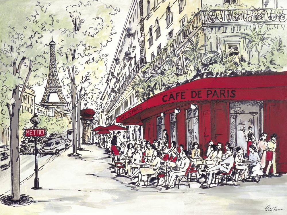 Chloe Marceau, CAFE DE PARIS (Paris, Café, Eiffelturm, Metrostation, Metropole, Städte, Zeichnung, Grafik, Wohnzimmer, Treppenhaus, bunt)