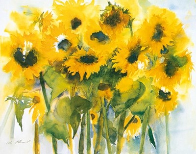 Christa Ohland, Sonnenblumenfeld (Sonnenblumen, Blumen, Blüten,floral, Strauß, Sommer, Malerei, modern, Wohnzimmer, Treppenhaus, Esszimmer, Wunschgröße, bunt)