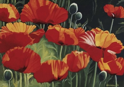Christian, Curious Poppies (Blumen, Blüten, Sommer, Mohn, Mohnkapseln, leuchtend, Botanik, modern, Malerei, zeitgenössisch, Wohnzimmer, Treppenhaus, Arztpraxis)