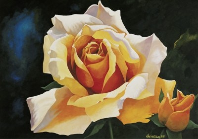 Christian, Queen Of Roses (Blumen, Blüten, Sommer, Rosenblüte, leuchtend apricot, Botanik, modern, Malerei, zeitgenössisch, Wohnzimmer, Treppenhaus,)