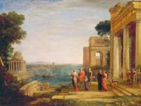 Claude Lorrain, Dido und Aeneas (Stadt, antike Stadt, Hafenstadt, Karthago, Didi und Aeneas, Architektur, Mythologie, Barock, Malerei, Wunschgröße, Klassiker, Wohnzimmer, bunt)