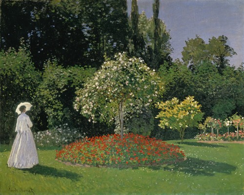 Claude Monet, Dame im Garten, 1867 (Wunschgröße, Impressionismus, Malerei, Garten, Frau, Eleganz, Sonnenschirm, Sonnenlicht, Schatten, Bäume,  Wohnzimmer, Wintergarten, Arztpraxis, bunt, Klassiker)