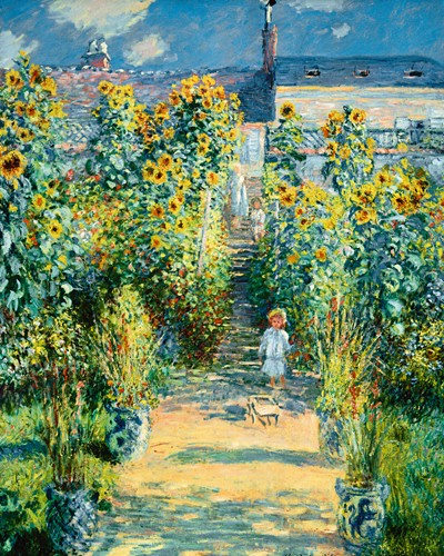 Claude Monet, Der Garten des Knstlers in Vtheuil (Wunschgröße, Impressionismus, Malerei, Garten, Gartenweg, Sonnenblumen, Kind, Haus des Künstlers, Sonnenlicht, Schatten, Wohnzimmer, Wintergarten, Arztpraxis, bunt, Klassiker)