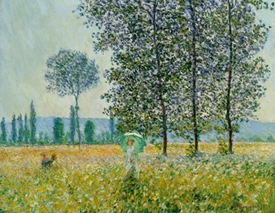 Claude Monet, Felder im Frühling (Wunschgröße, Impressionismus, Malerei, Blumenfeld, Spaziergängerin, Frau, Bäume, Pappeln, Sonnenschirm, Idylle, Frankreich, Schlafzimmer, Wohnzimmer, Wintergarten, bunt, Klassiker)