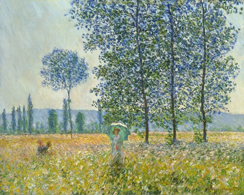 Claude Monet, Felder im Frühling (Wunschgröße, Impressionismus, Malerei, Blumenfeld, Spaziergängerin, Frau, Bäume, Pappeln, Blumen, Blüten, Idylle, Frankreich, Schlafzimmer, Wohnzimmer, Wintergarten,bunt,Klassiker)