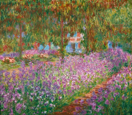 Leinwandbild, Claude Monet, Irisbeet in Monets Garten, , Seitenflächen weiß (Impressionismus, Malerei, Garten, Garten des Künstlers, Monets Garten, Blumenbeet, Blumenpracht,  Blüten, Schlafzimmer, Wohnzimmer, Wintergarten,bunt,Klassiker)