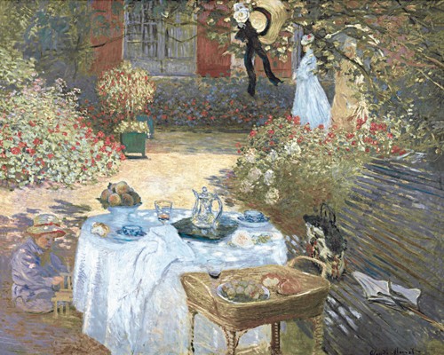 Claude Monet, Le Djeuner 1872 (Wunschgröße, Impressionismus, Malerei, Garten, Terrasse, Frühstück, gedeckter Tisch,  Esszimmer, Wohnzimmer, Wintergarten, Arztpraxis, bunt, Klassiker)
