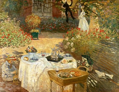 Claude Monet, Le Djeuner (Wunschgröße,Impressionismus, Malerei, Garten, Terrasse, Frühstück, gedeckter Tisch,  Esszimmer, Wohnzimmer, Wintergarten, Arztpraxis, bunt, Klassiker)